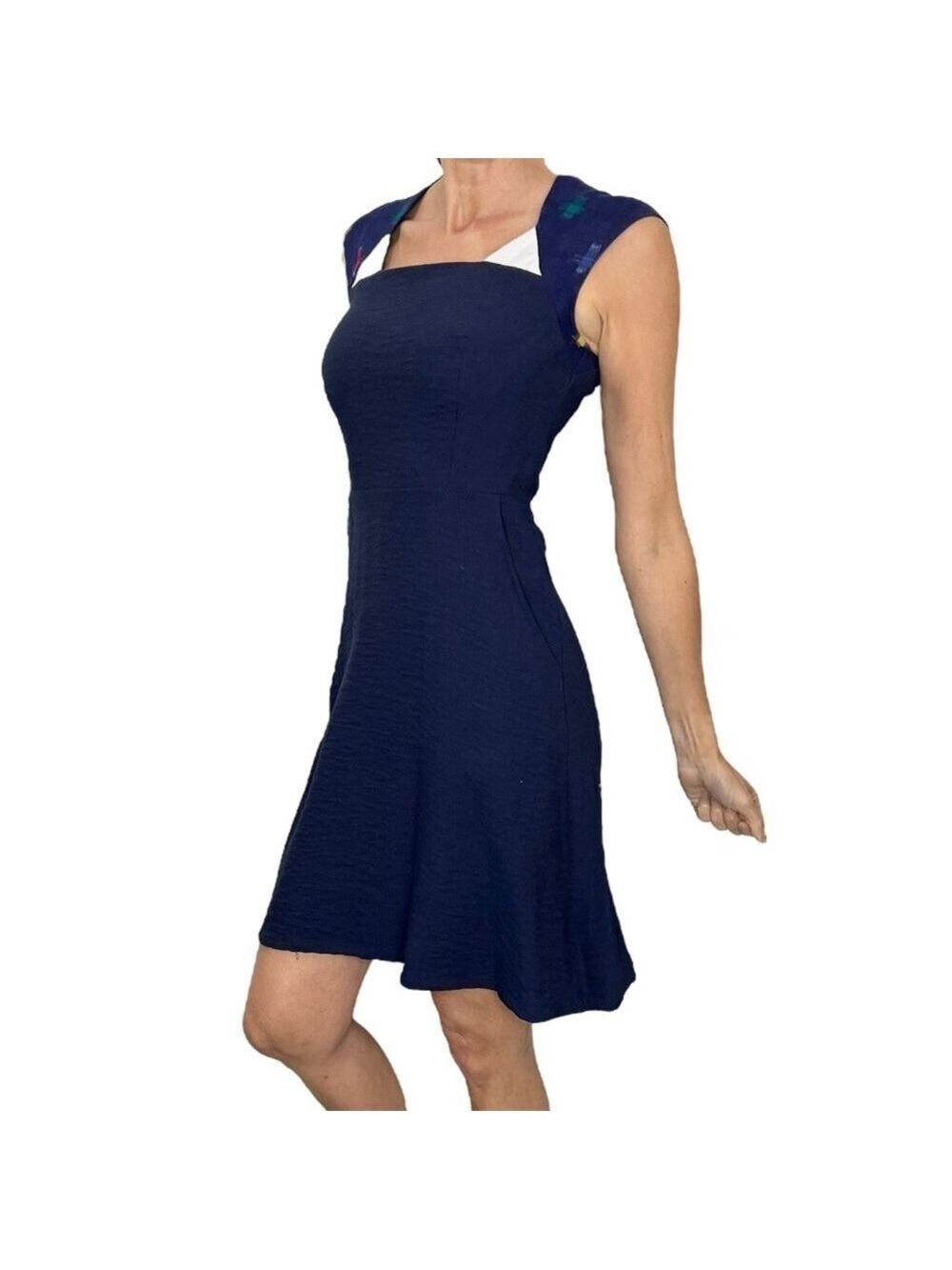 Jennifer Glasgow Montreal blue square neckline fit and flare cap sleeve dress XS